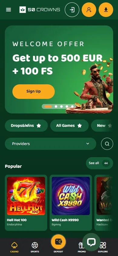 50 Crowns Casino mobile home interface