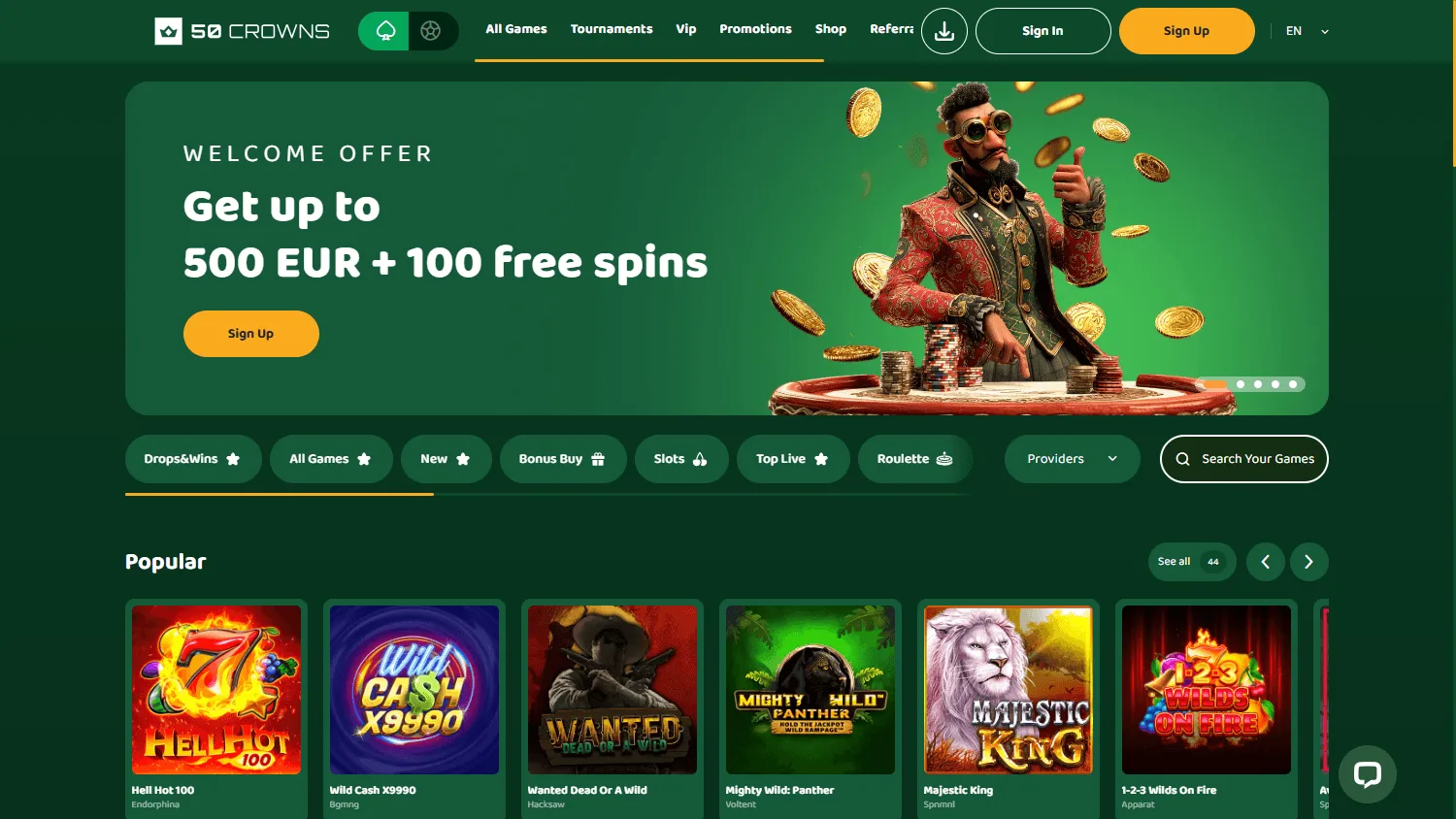 50 Crowns Casino desktop home interface