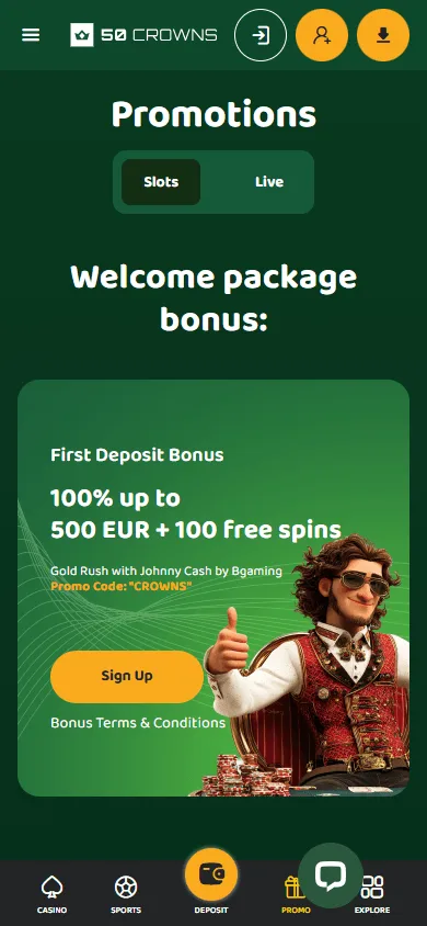 50 Crowns Casino mobile promotions interface