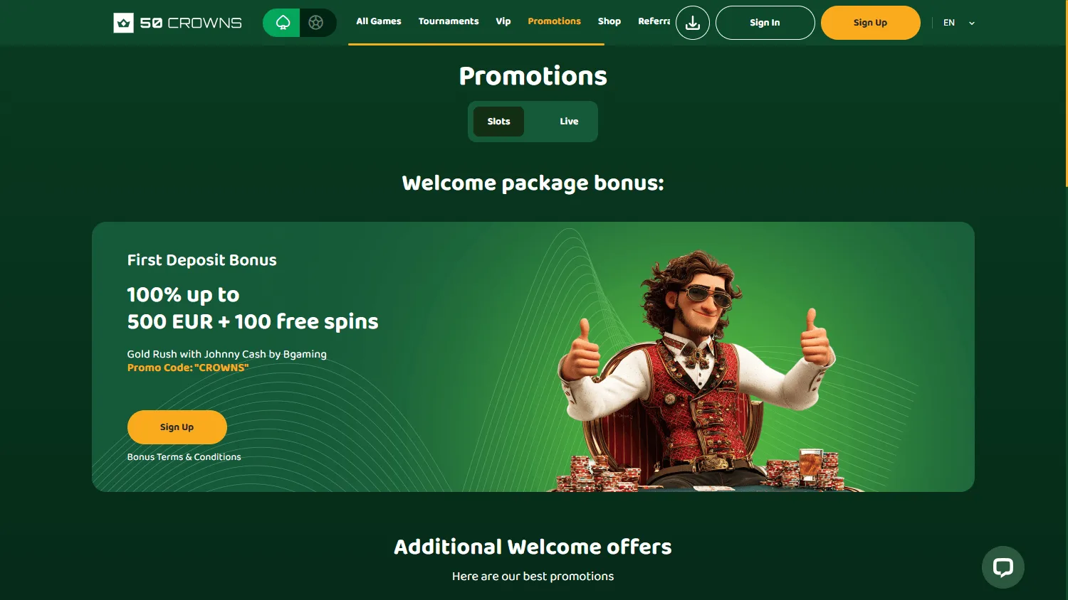 50 Crowns Casino desktop promotions interface