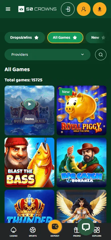 50 Crowns Casino mobile games interface